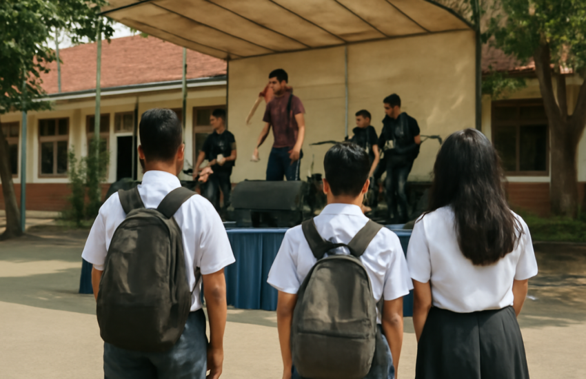 Siswa menonton penampilan band di panggung acara sekolah
