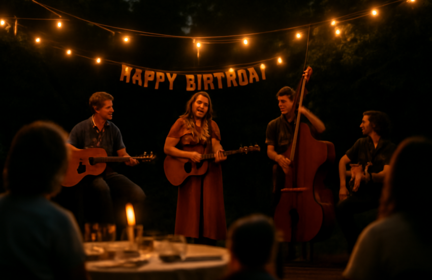 Band akustik tampil di acara ulang tahun dan gathering dengan lampu hias di atas panggung