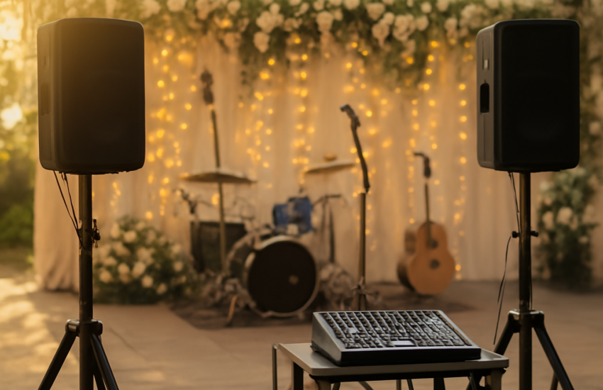Penataan speaker dan mixer untuk band pernikahan di panggung resepsi